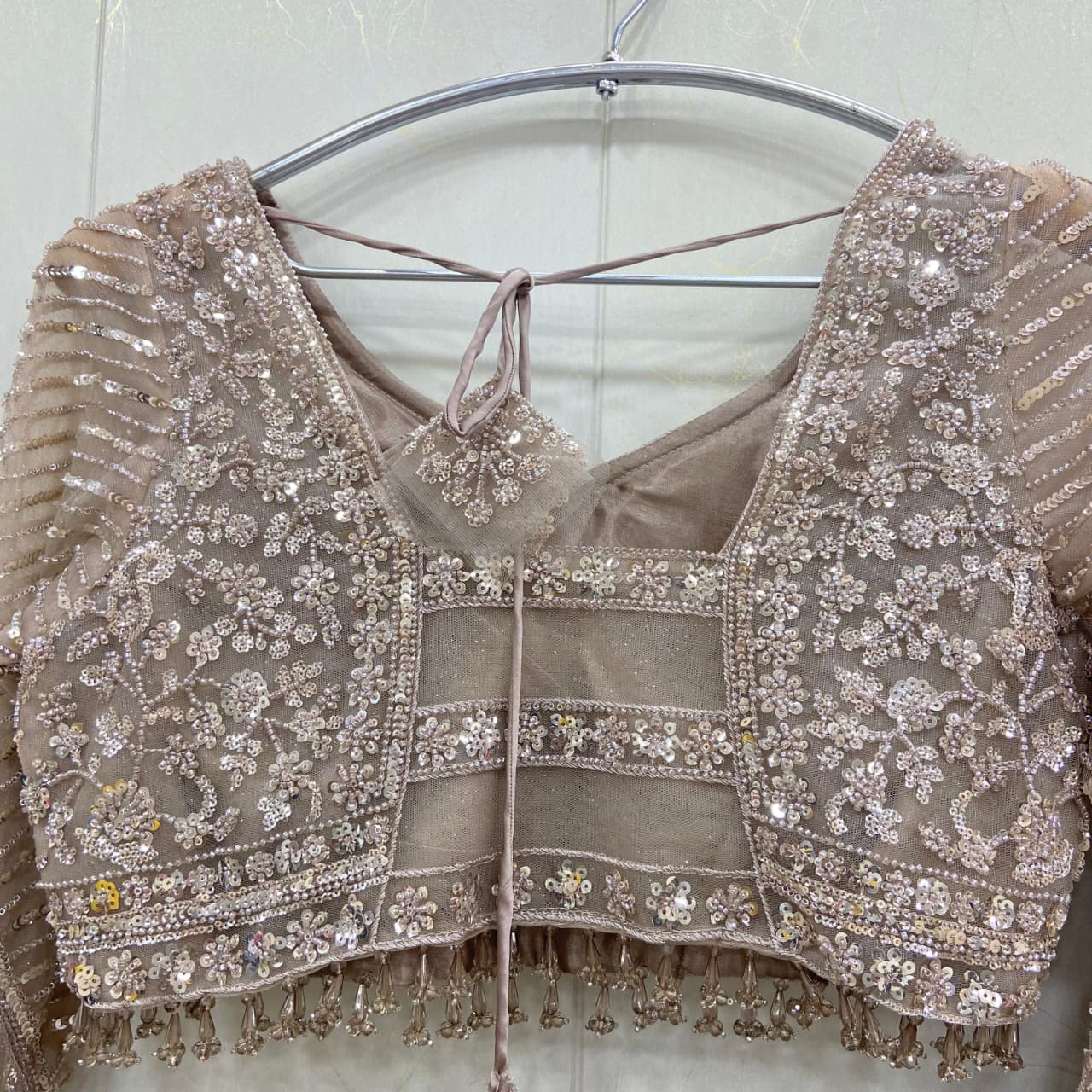 Eye catching Beige golden crop top Lehenga