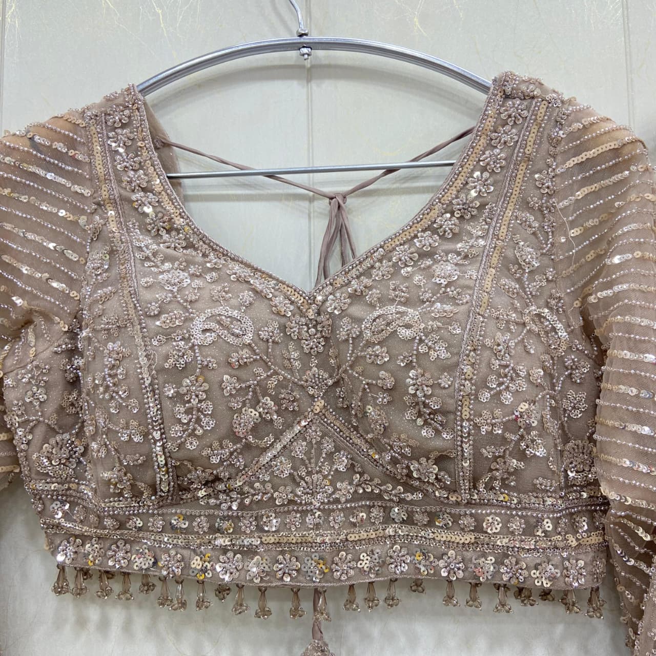 Eye catching Beige golden crop top Lehenga