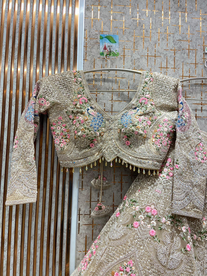 Fantastic beige peach circle peacock crop top Lehenga