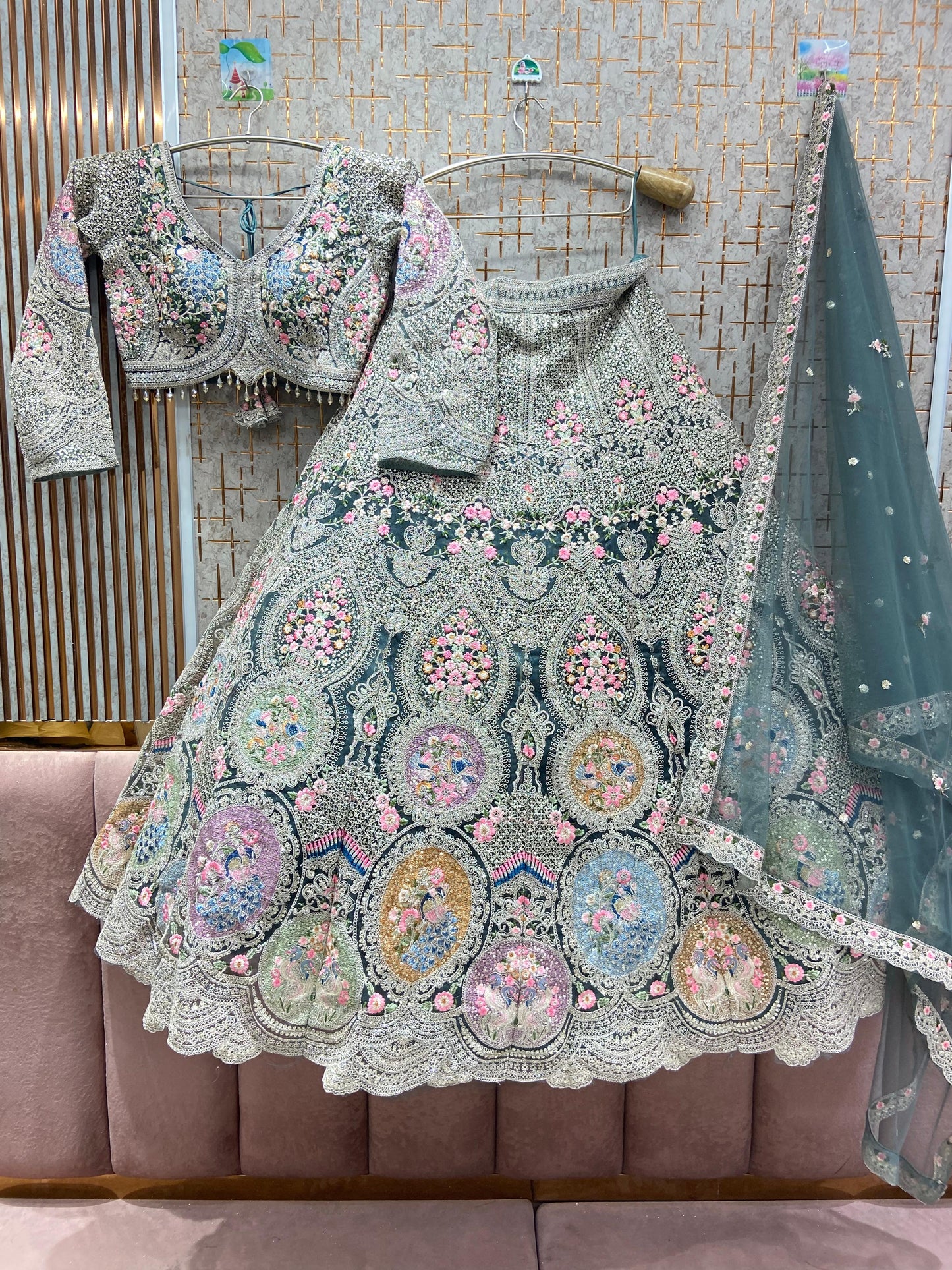 Fantastic beige peach circle peacock crop top Lehenga