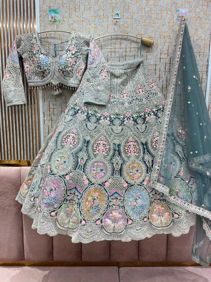 Fantastic beige peach circle peacock crop top Lehenga