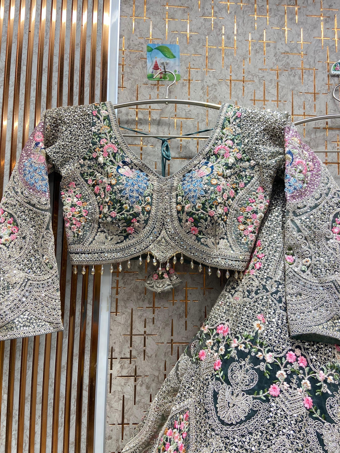 Fantastic beige peach circle peacock crop top Lehenga