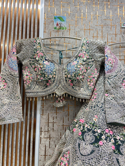 Fantastic beige peach circle peacock crop top Lehenga