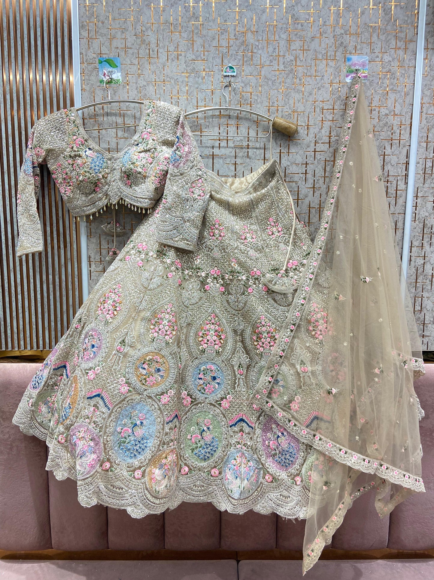 Fantastic beige peach circle peacock crop top Lehenga