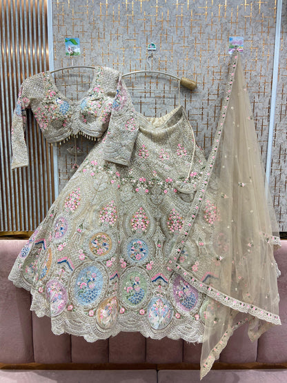 Fantastic beige peach circle peacock crop top Lehenga