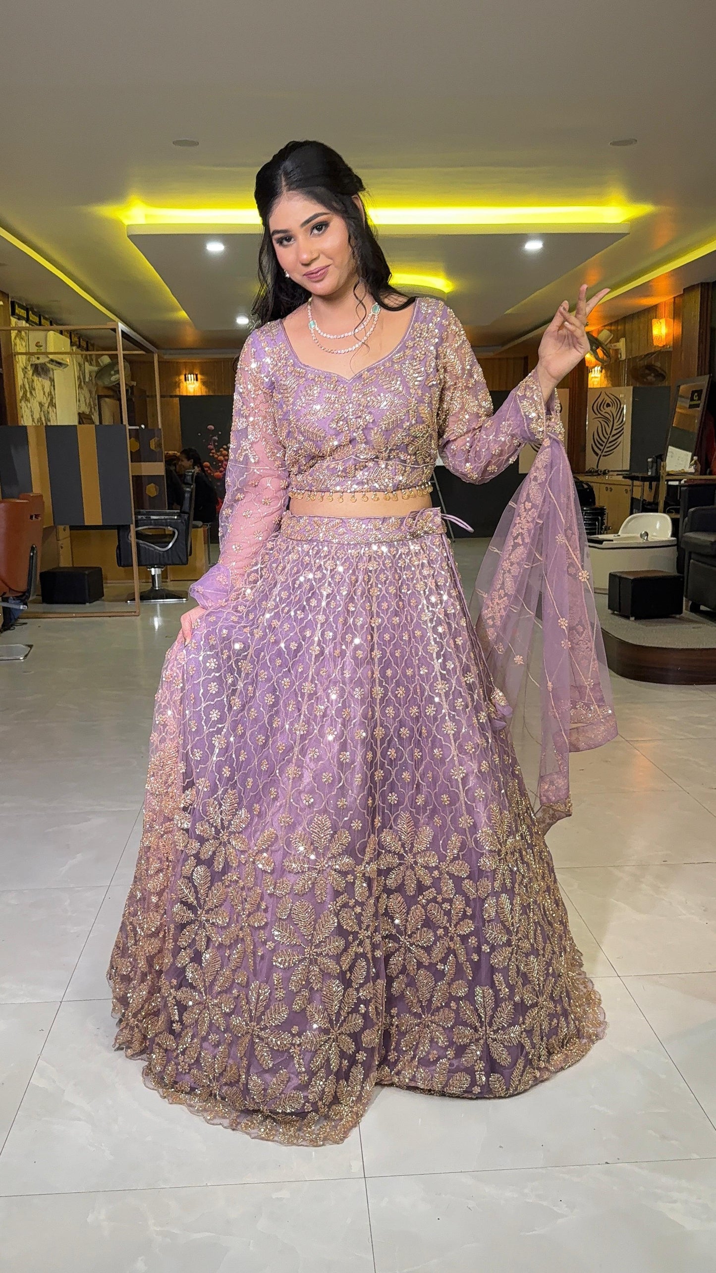 Gorgeous Lavender Floral Crop top Lehenga