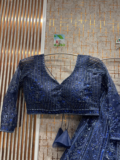 Astonishing Navy blue monotone crop top Lehenga