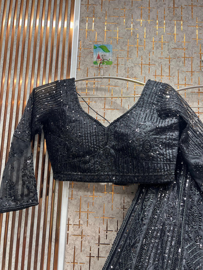 Astonishing Navy blue monotone crop top Lehenga