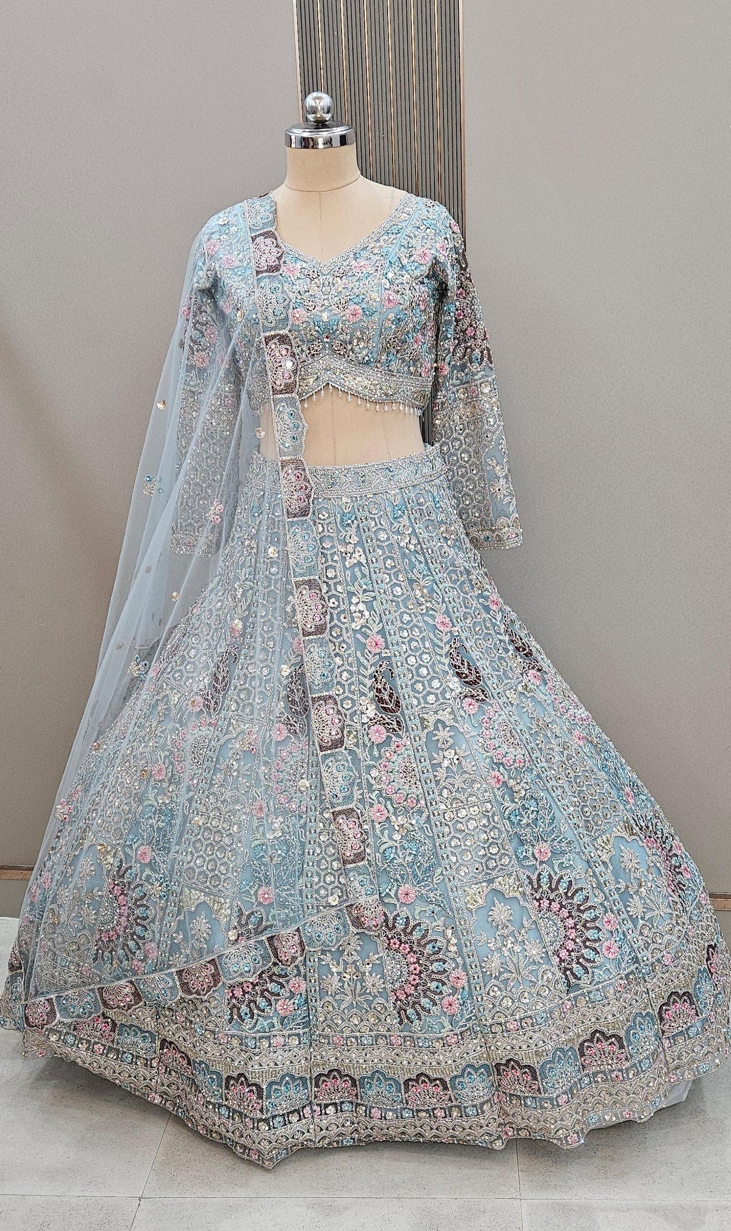 Tremendous Sky blue handwork crop top Lehenga