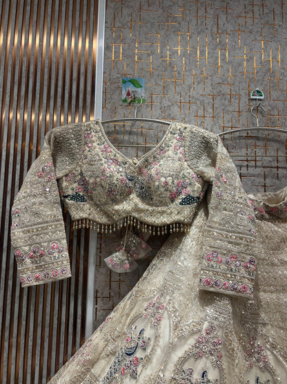 Designer white sky blue peacock crop top Lehenga