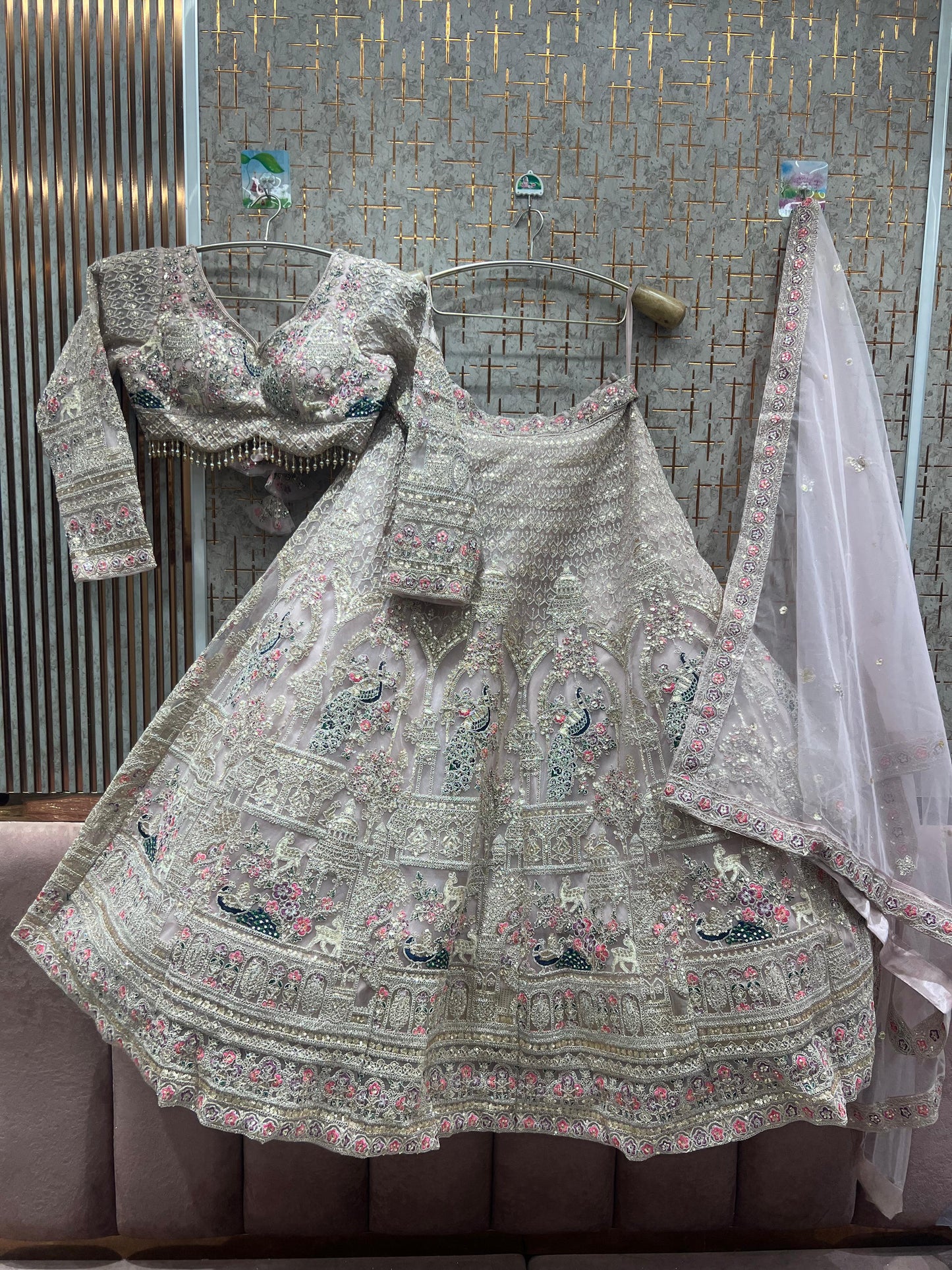 Designer white sky blue peacock crop top Lehenga