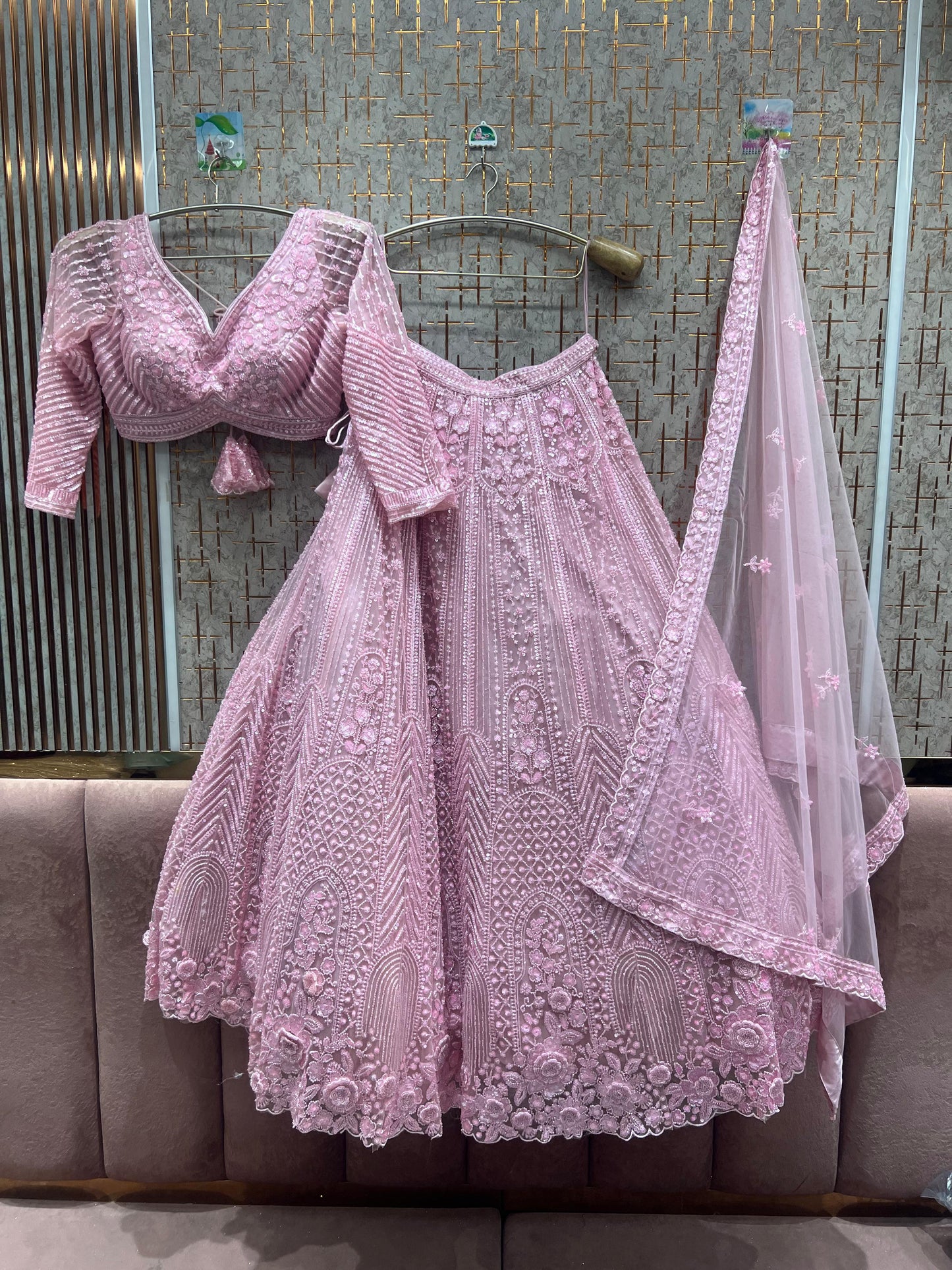 Good looking grey silver beige monotone crop top Lehenga