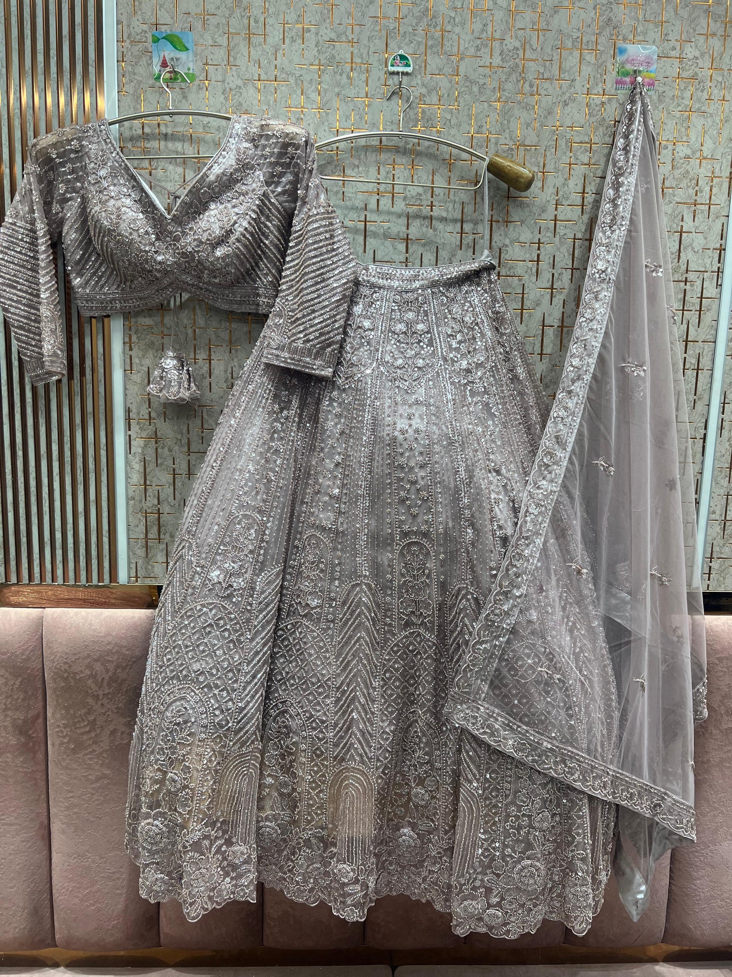 Good looking grey silver beige monotone crop top Lehenga