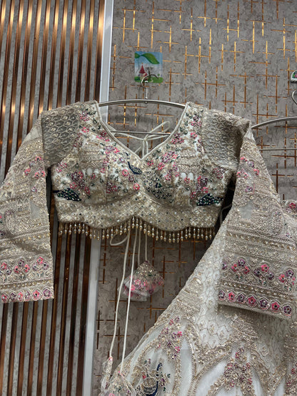 Designer white sky blue peacock crop top Lehenga