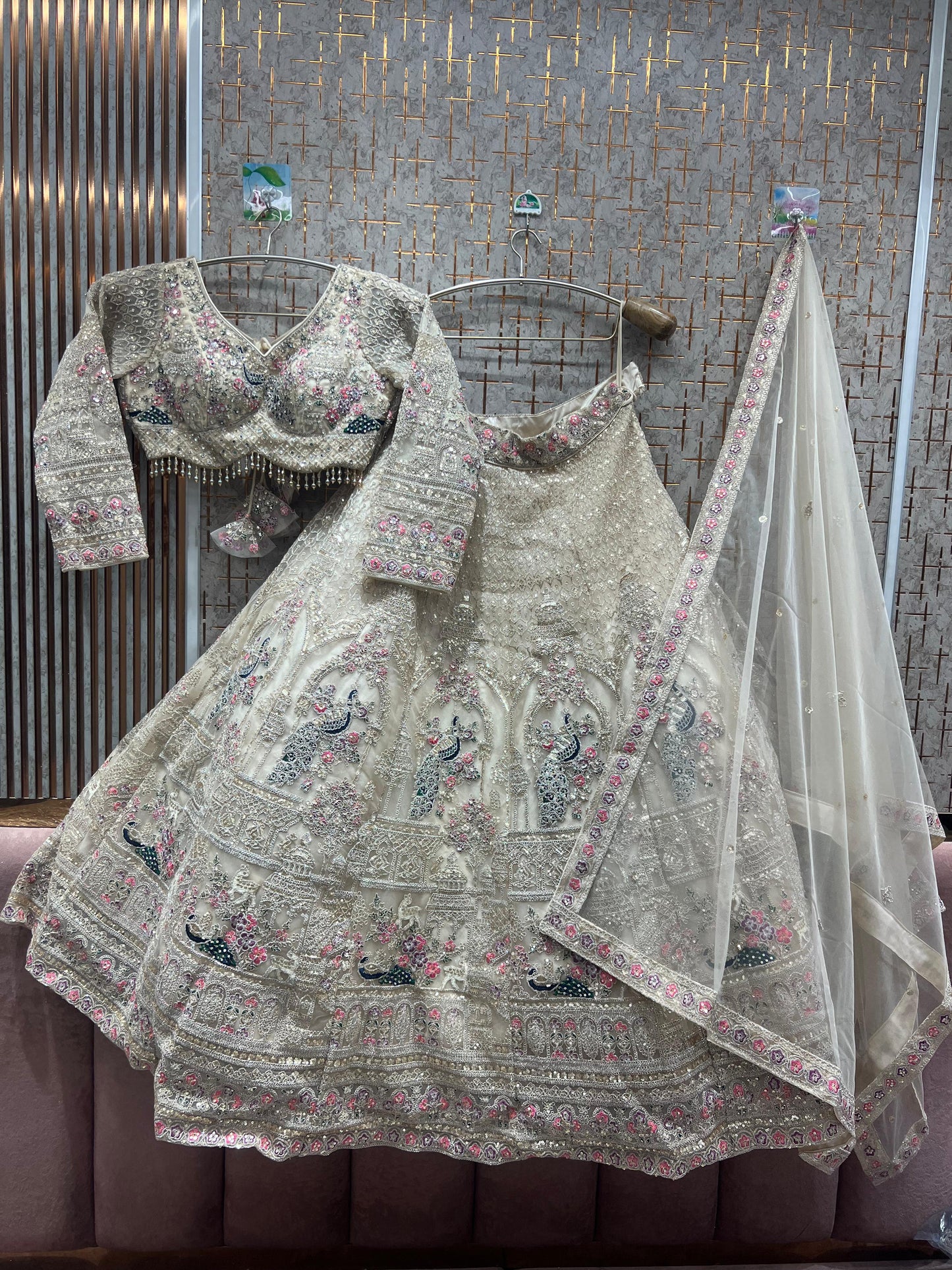 Designer white sky blue peacock crop top Lehenga