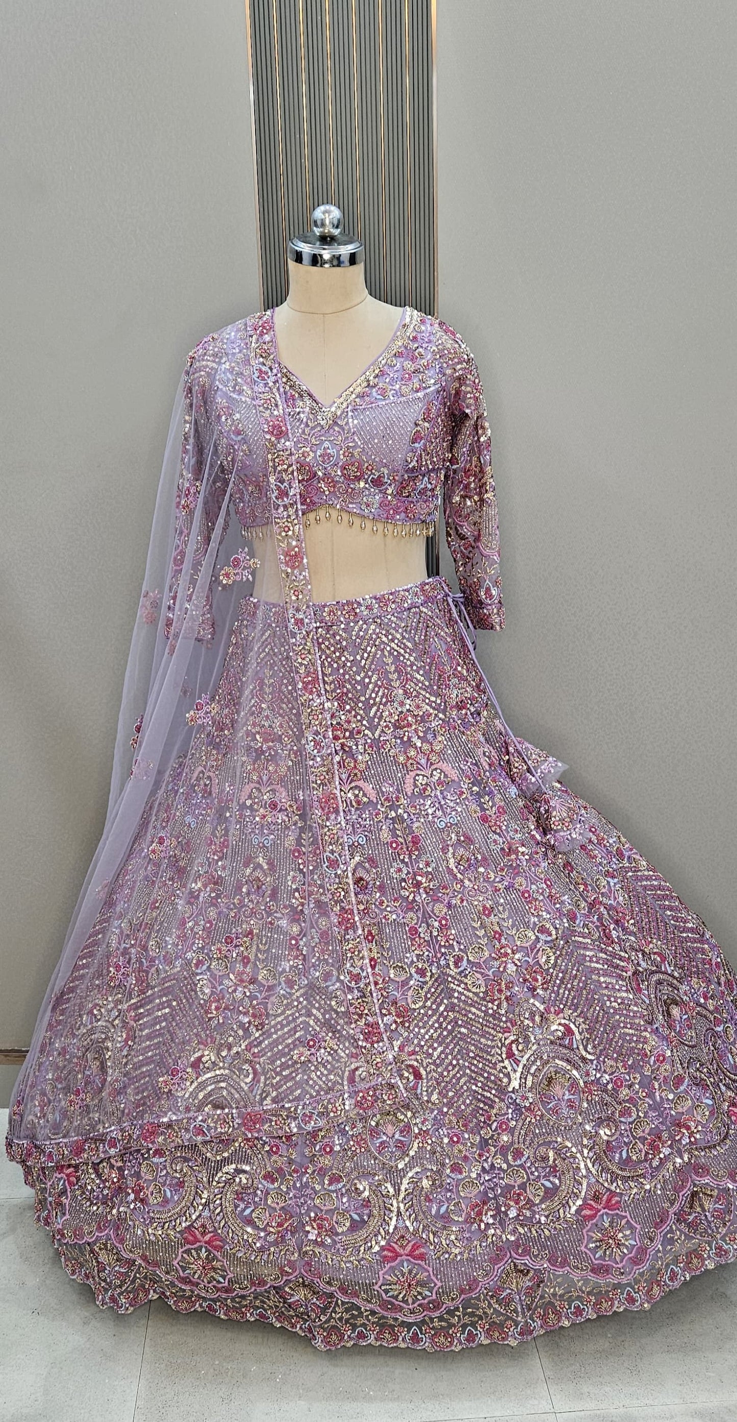Stunning beige pink beads crop top Lehenga