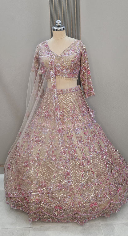 Stunning beige pink beads crop top Lehenga