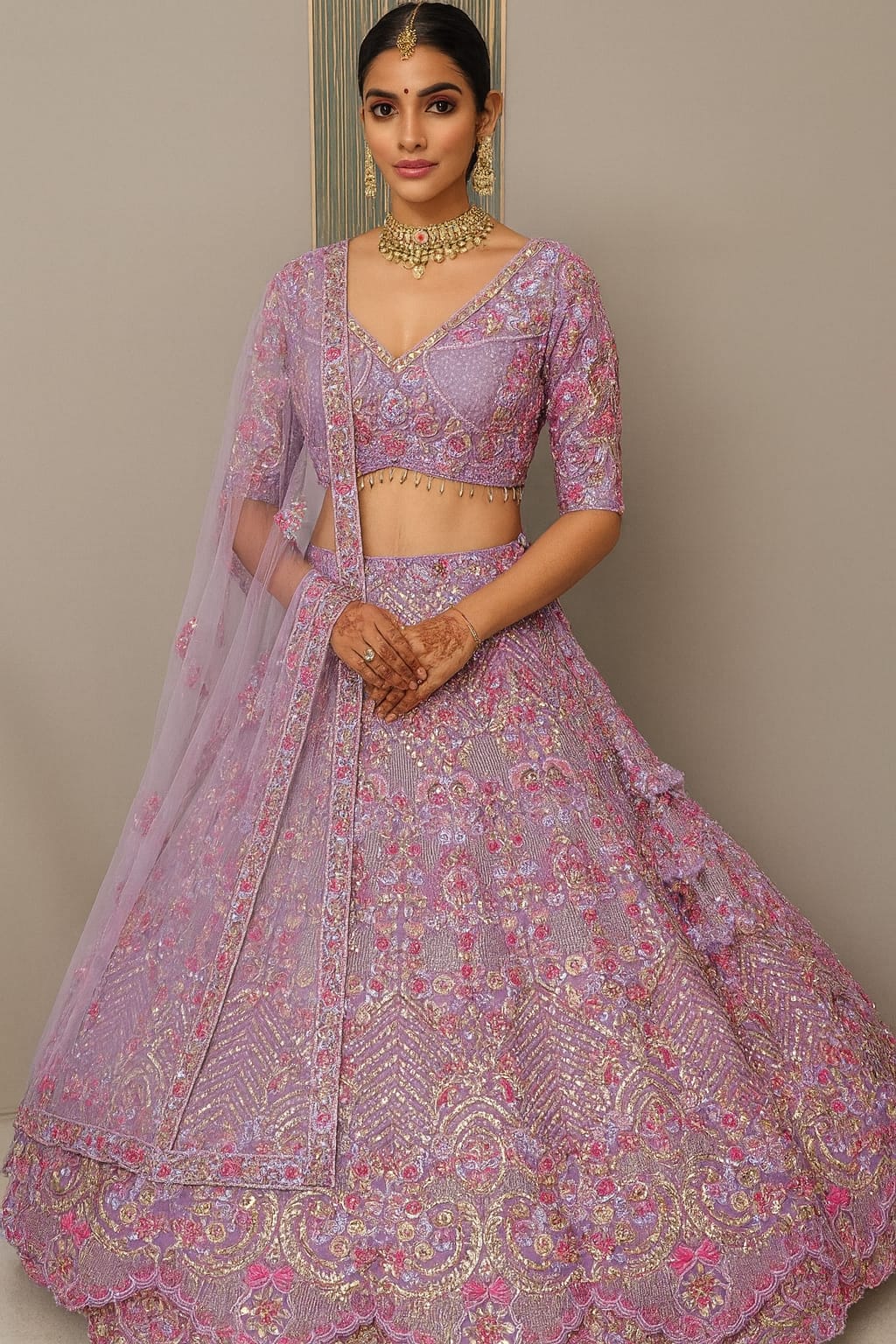 Stunning beige pink beads crop top Lehenga