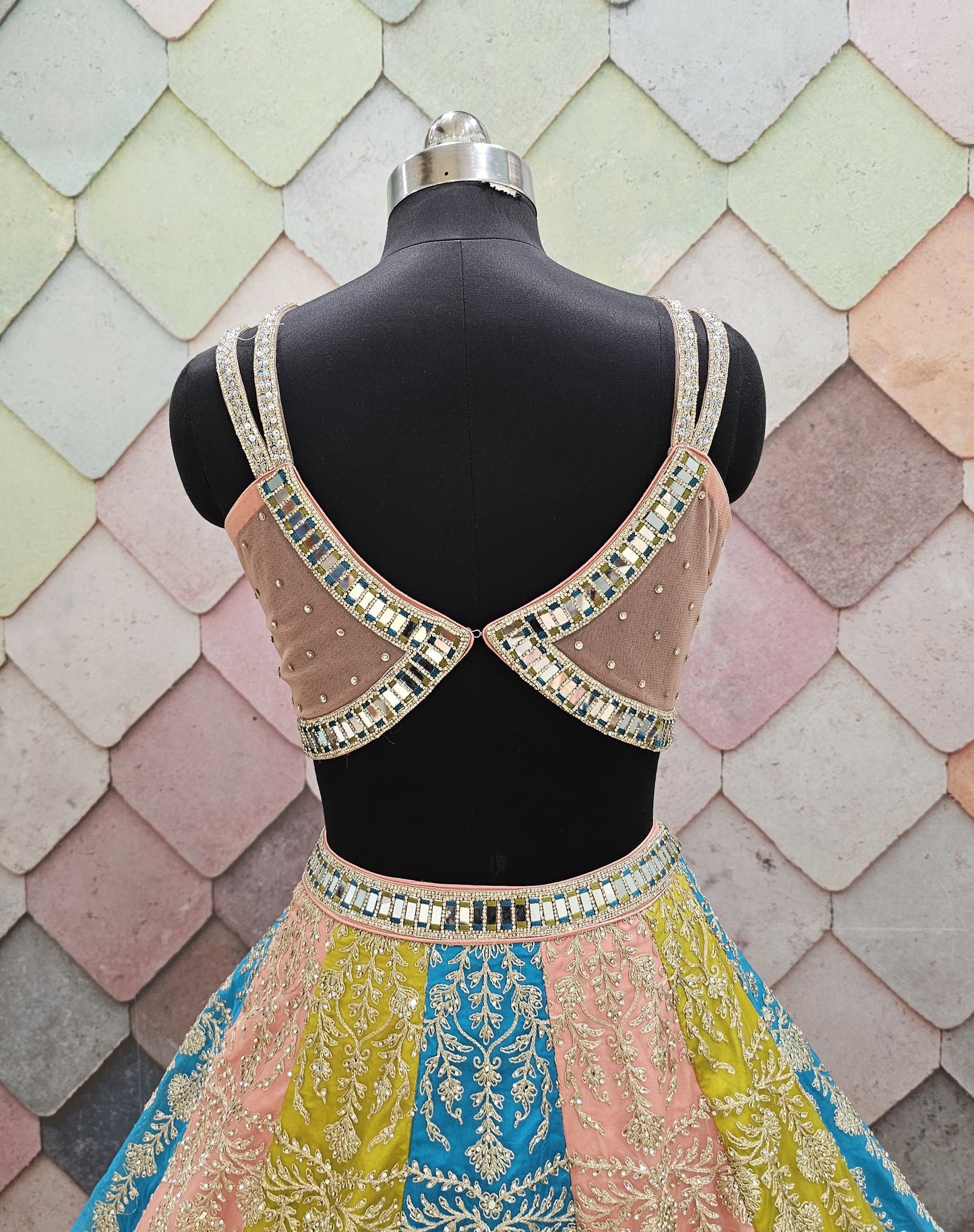 Charming blue peach yellow Multicolour crop top Lehenga