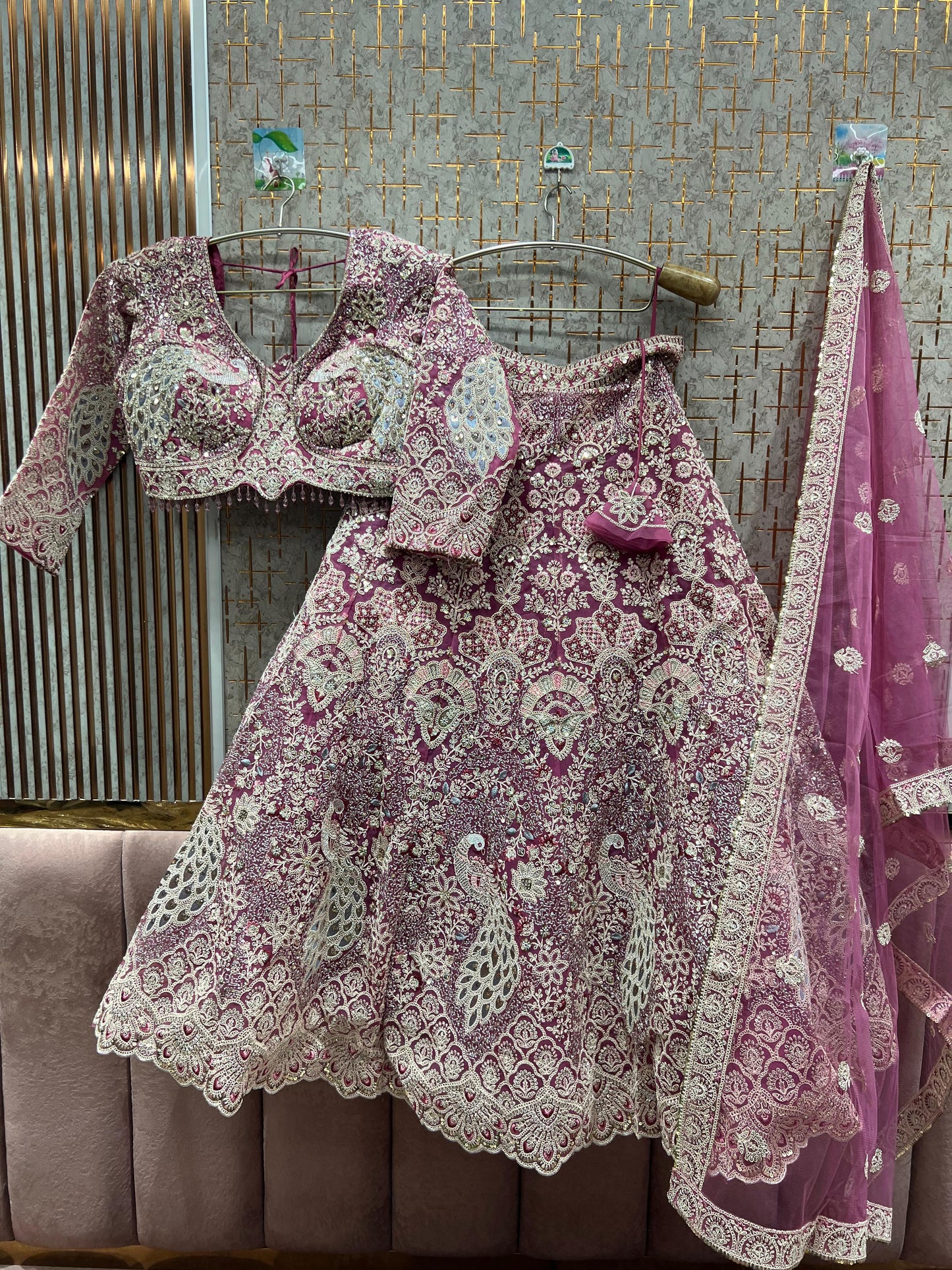 Designer peacock pink crop top Lehenga