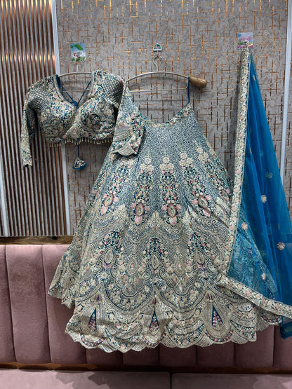 Designer Pretty Sky blue crop top Lehenga