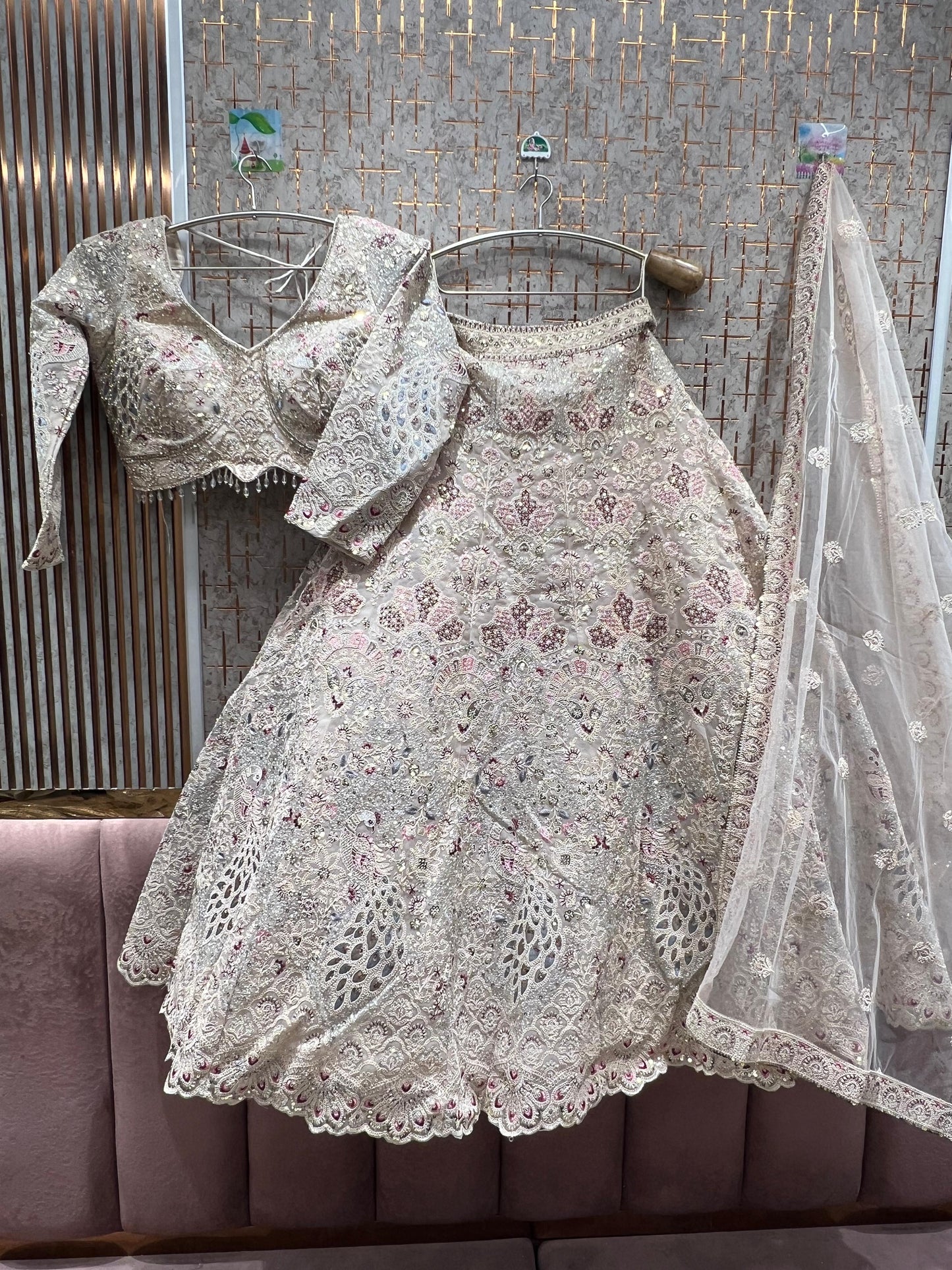 Designer peacock pink crop top Lehenga