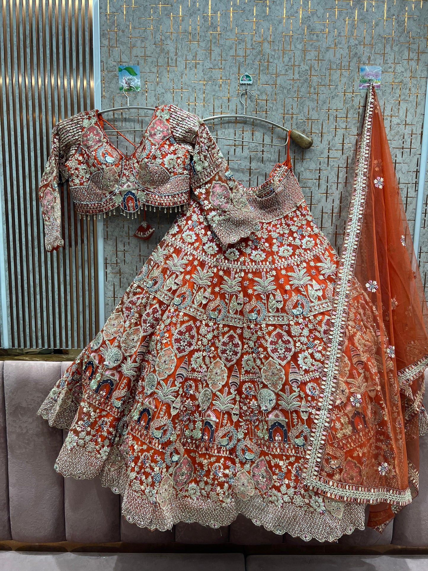 Good looking peacock orange crop top Lehenga