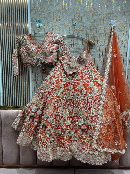 Good looking peacock orange crop top Lehenga