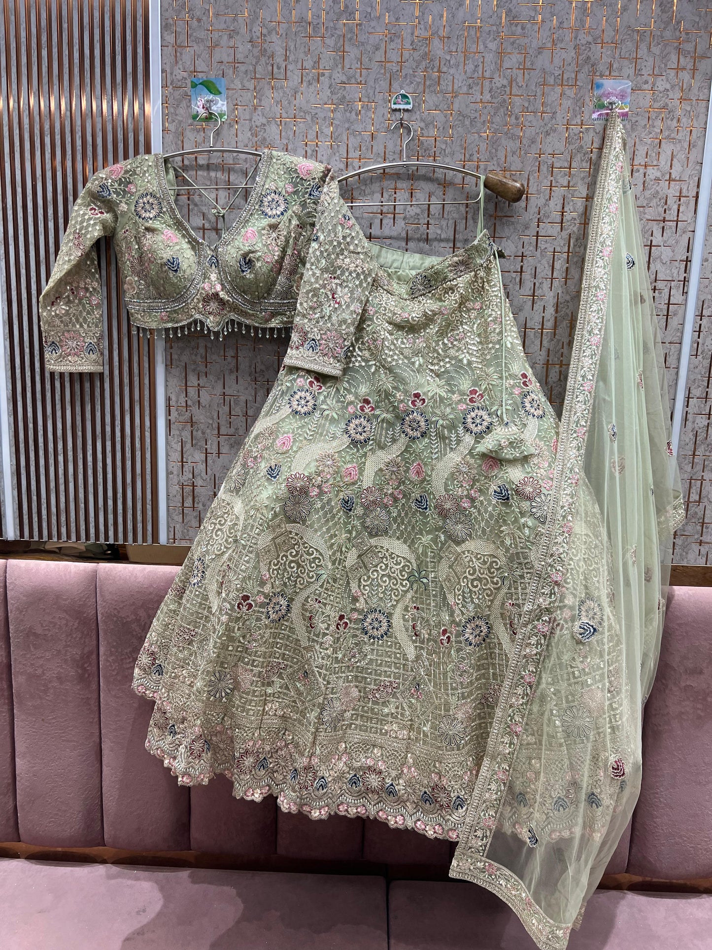 Glamorous pista green crop top Lehenga