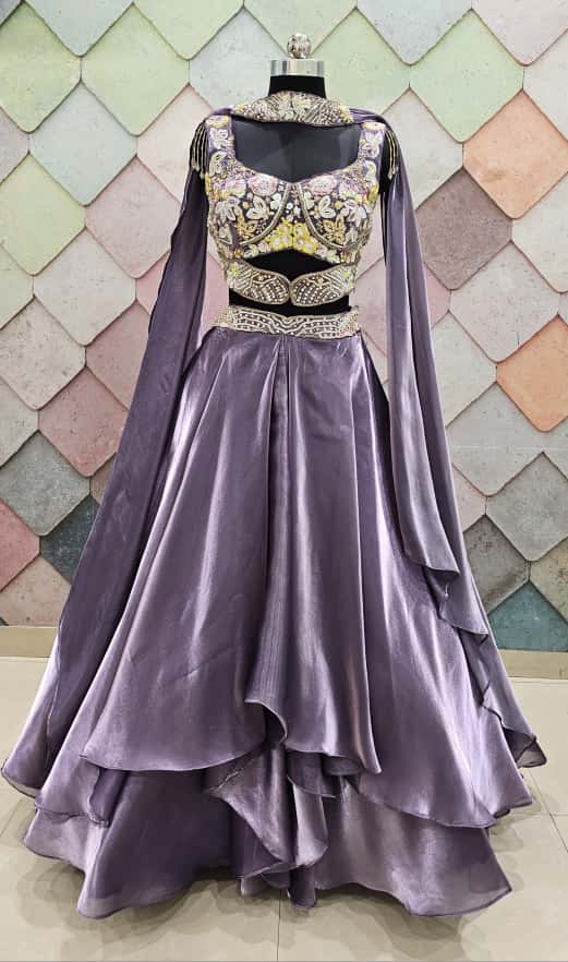 Majestic Brown organza crop top Lehenga