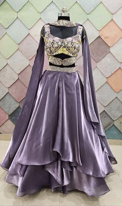 Majestic Brown organza crop top Lehenga