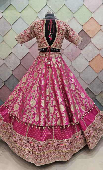 Eye catching Hot pink Banarasi crop top Lehenga