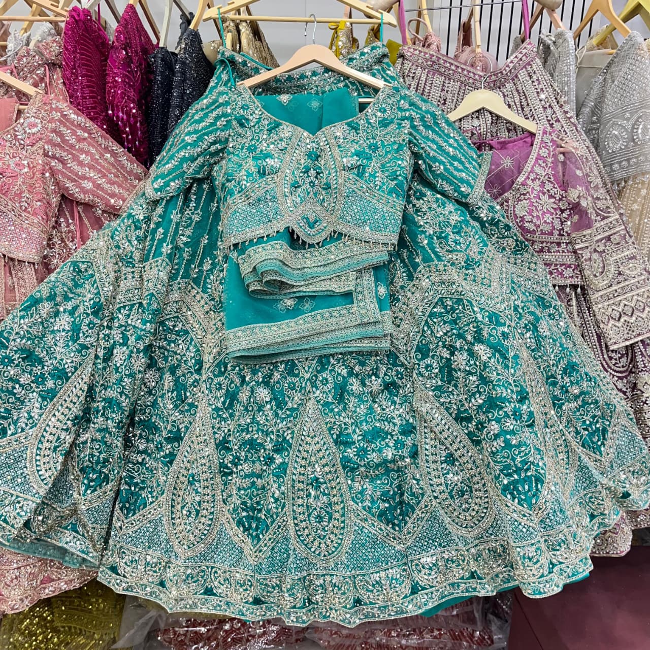 Designer green crop top Lehenga