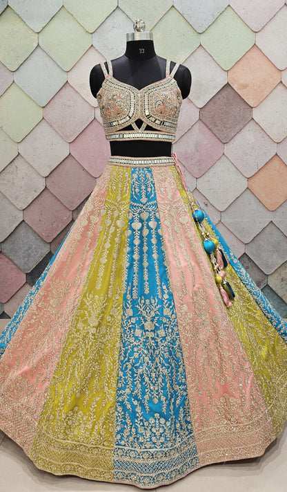 Charming blue peach yellow Multicolour crop top Lehenga