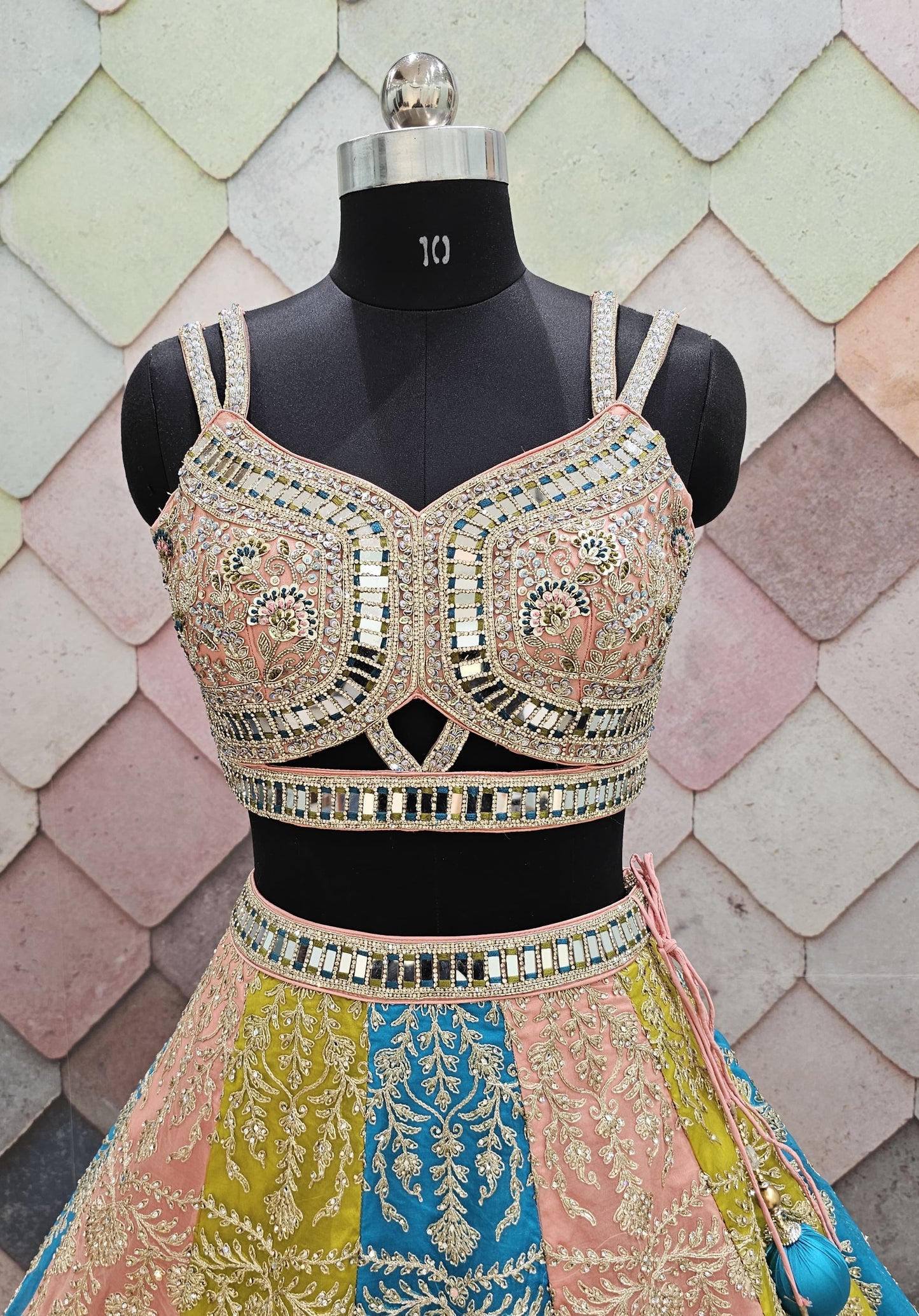 Charming blue peach yellow Multicolour crop top Lehenga