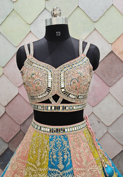 Charming blue peach yellow Multicolour crop top Lehenga
