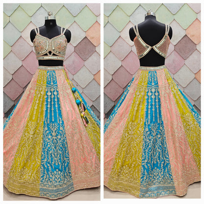 Charming blue peach yellow Multicolour crop top Lehenga