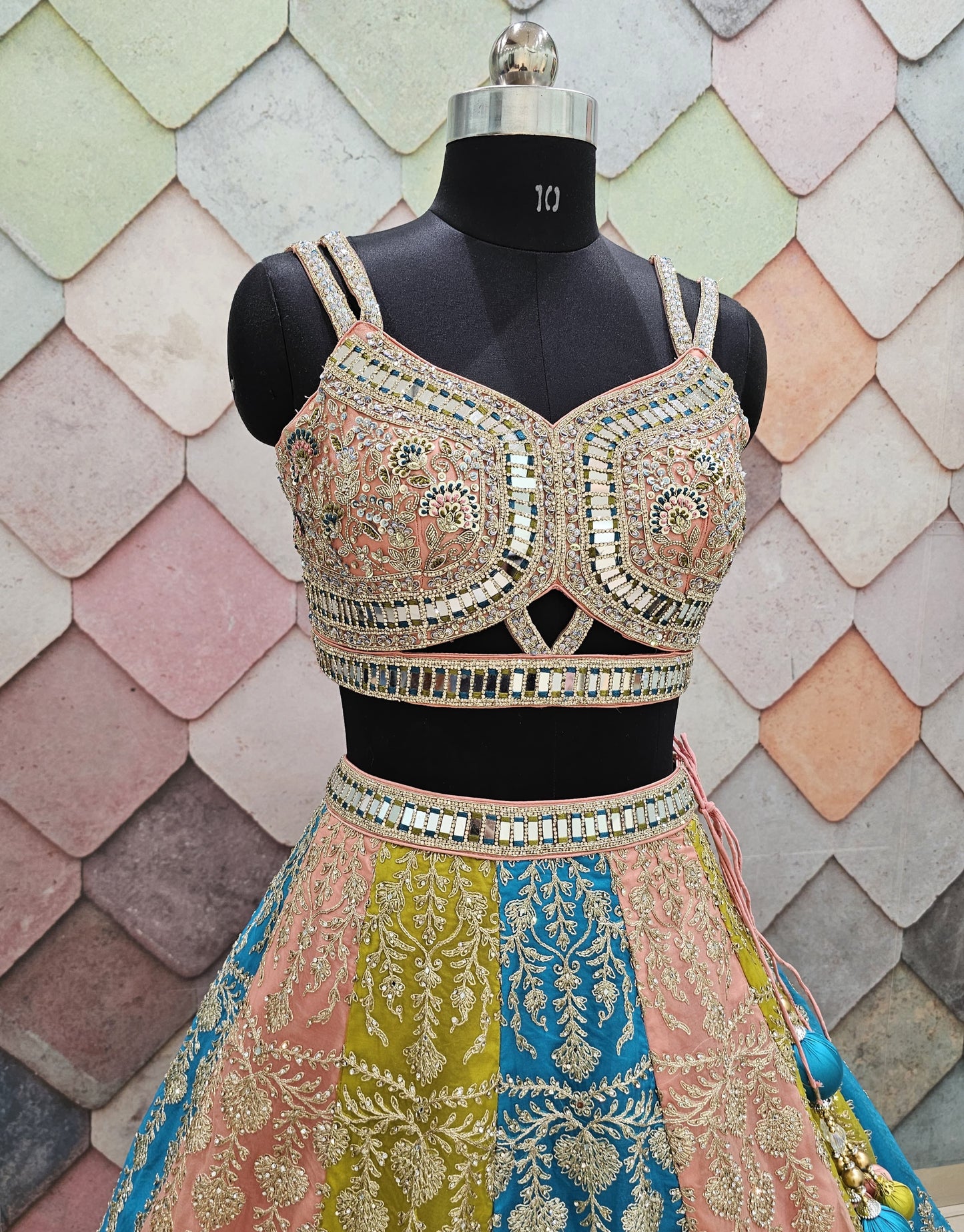 Charming blue peach yellow Multicolour crop top Lehenga