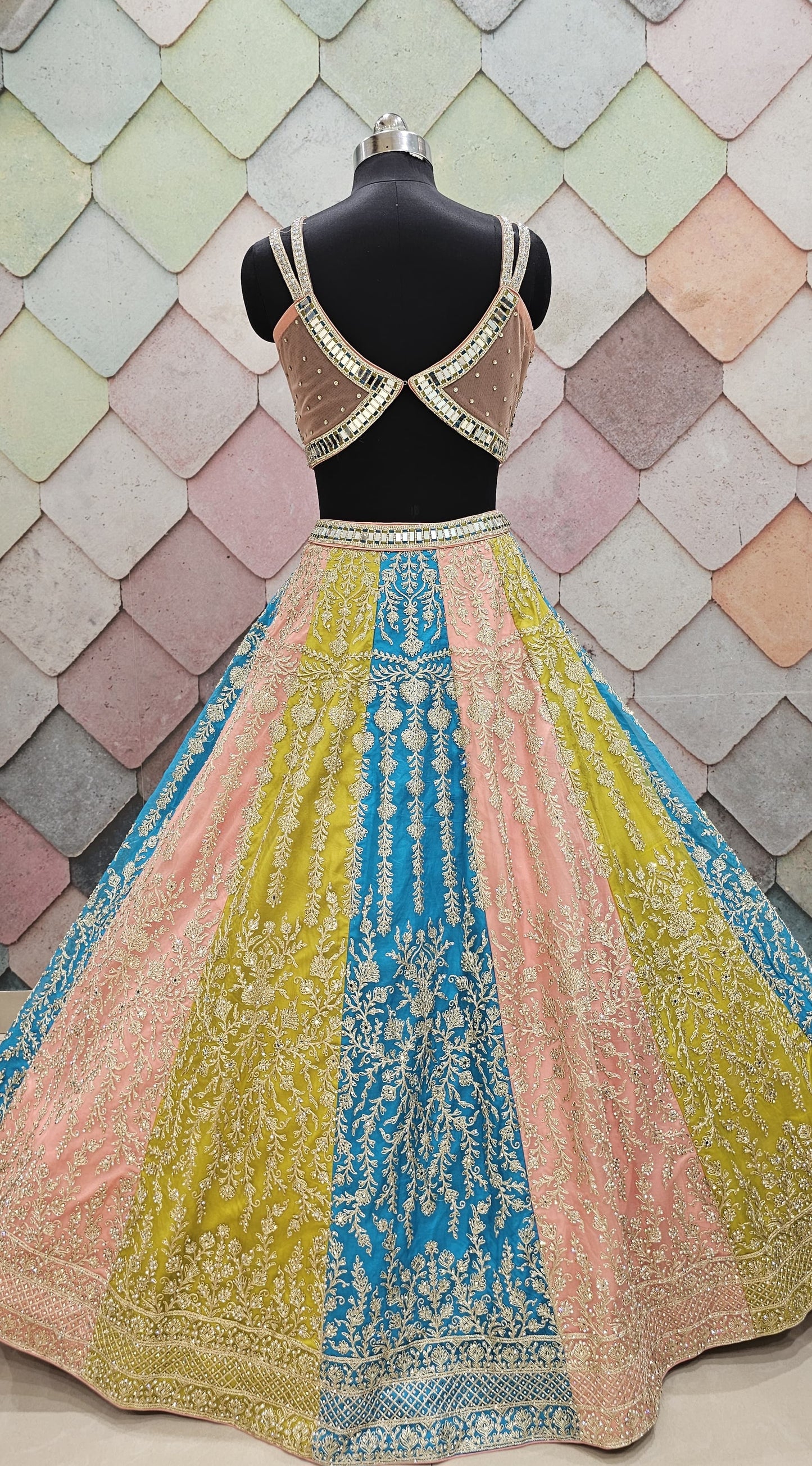Charming blue peach yellow Multicolour crop top Lehenga