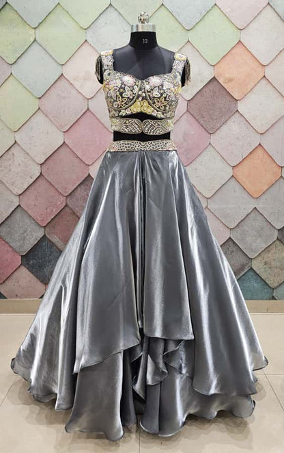 Majestic Brown organza crop top Lehenga