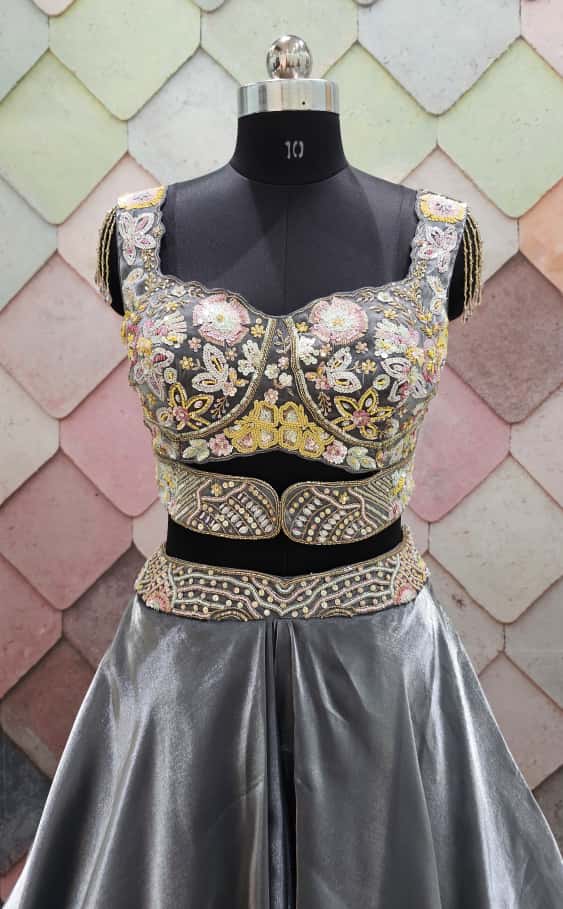 Majestic Brown organza crop top Lehenga