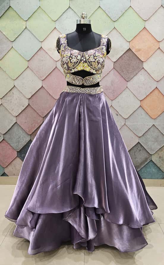 Majestic Brown organza crop top Lehenga