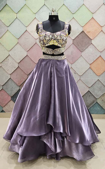 Majestic Brown organza crop top Lehenga