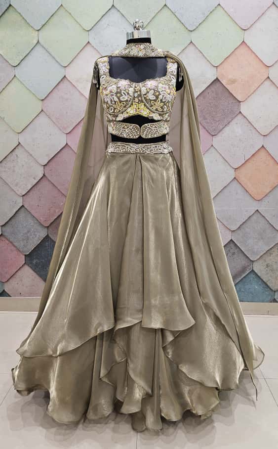 Majestic Brown organza crop top Lehenga