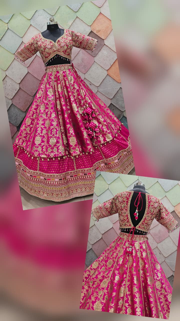 Eye catching Hot pink Banarasi crop top Lehenga