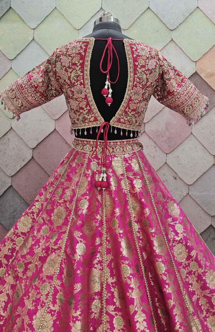 Eye catching Hot pink Banarasi crop top Lehenga