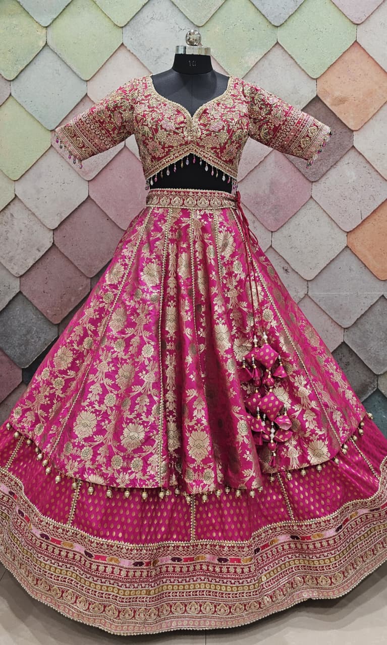 Eye catching Hot pink Banarasi crop top Lehenga