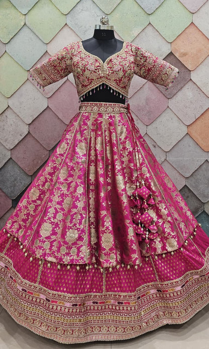 Eye catching Hot pink Banarasi crop top Lehenga