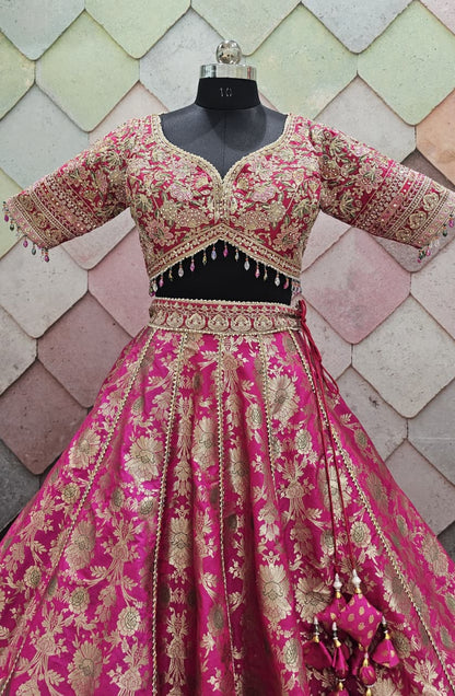Eye catching Hot pink Banarasi crop top Lehenga