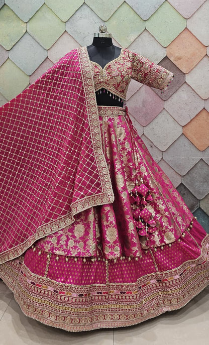 Eye catching Hot pink Banarasi crop top Lehenga